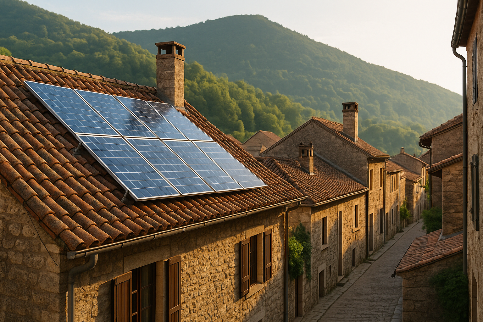 A traditional village with stone buildings and clay rooftops surrounded by lush greenery, illustrating sustainable, time-tested architectural practices integrated with the natural environment