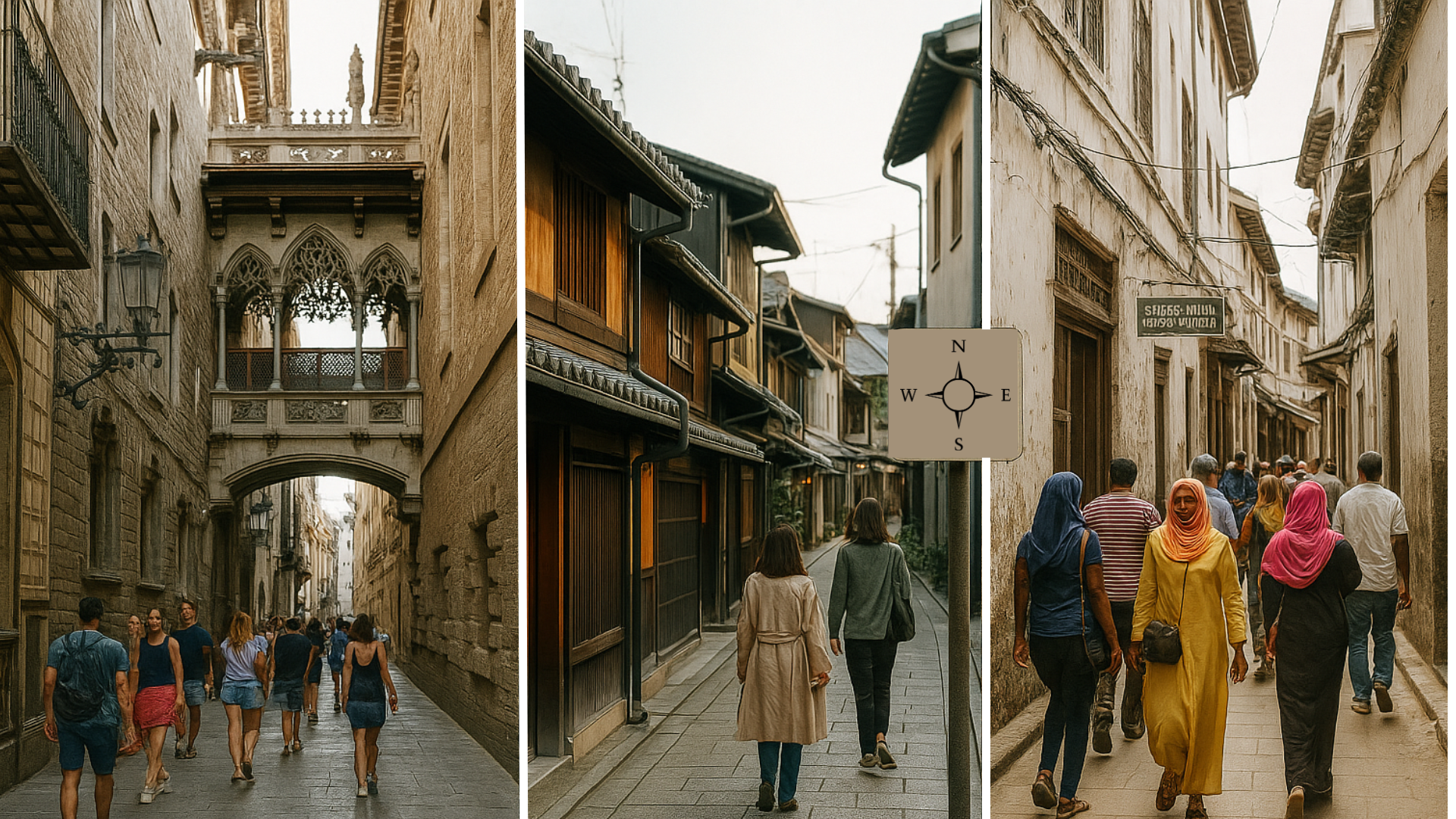A vibrant urban scene blending historical European architecture with modern city life, representing how cities like Barcelona, Kyoto, and Zanzibar balance heritage preservation with contemporary development.