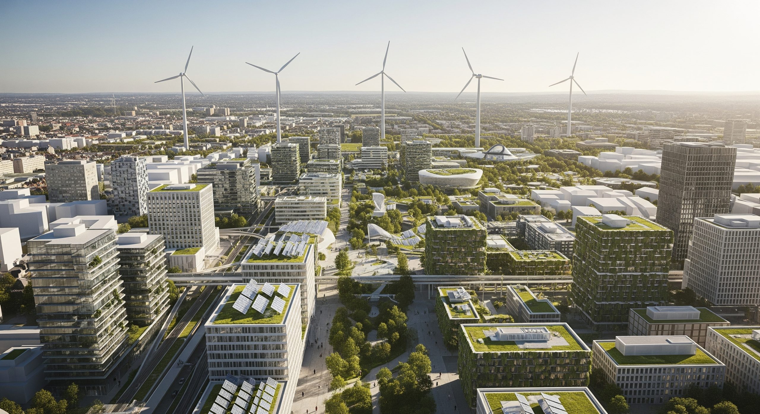 A vision of urban sustainability, showcasing a city optimized for net-zero living with integrated green spaces, renewable energy infrastructure, and eco-friendly architecture.