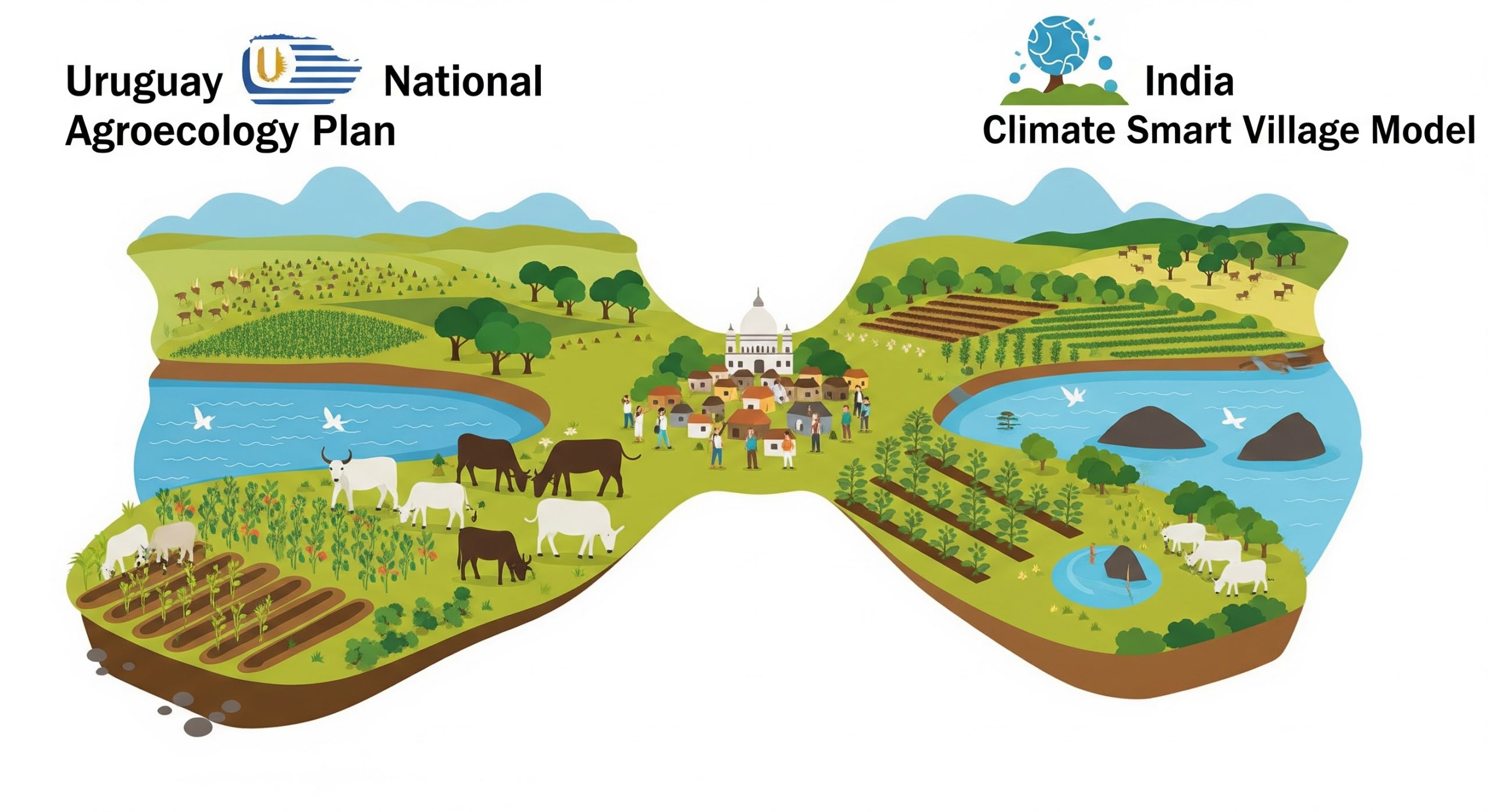 Visualizing global efforts in sustainable land use: Uruguay's National Agroecology Plan emphasizes biodiversity and rotational grazing, while India's Climate Smart Village Model integrates crop diversification, micro-irrigation, and solar power for improved yields and reduced emissions.