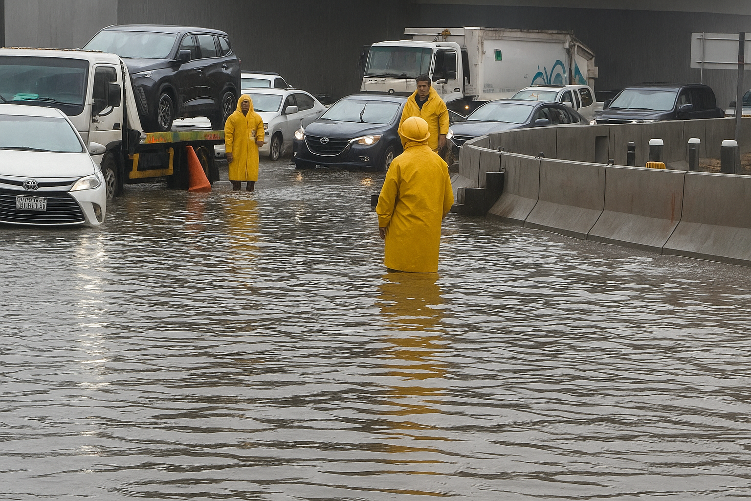Urban flash flood causing severe traffic disruption, with emergency workers in yellow raincoats assisting stranded vehicles in a submerged highway. The image highlights real-world impacts of extreme rainfall events in arid regions like the Arabian Peninsula.