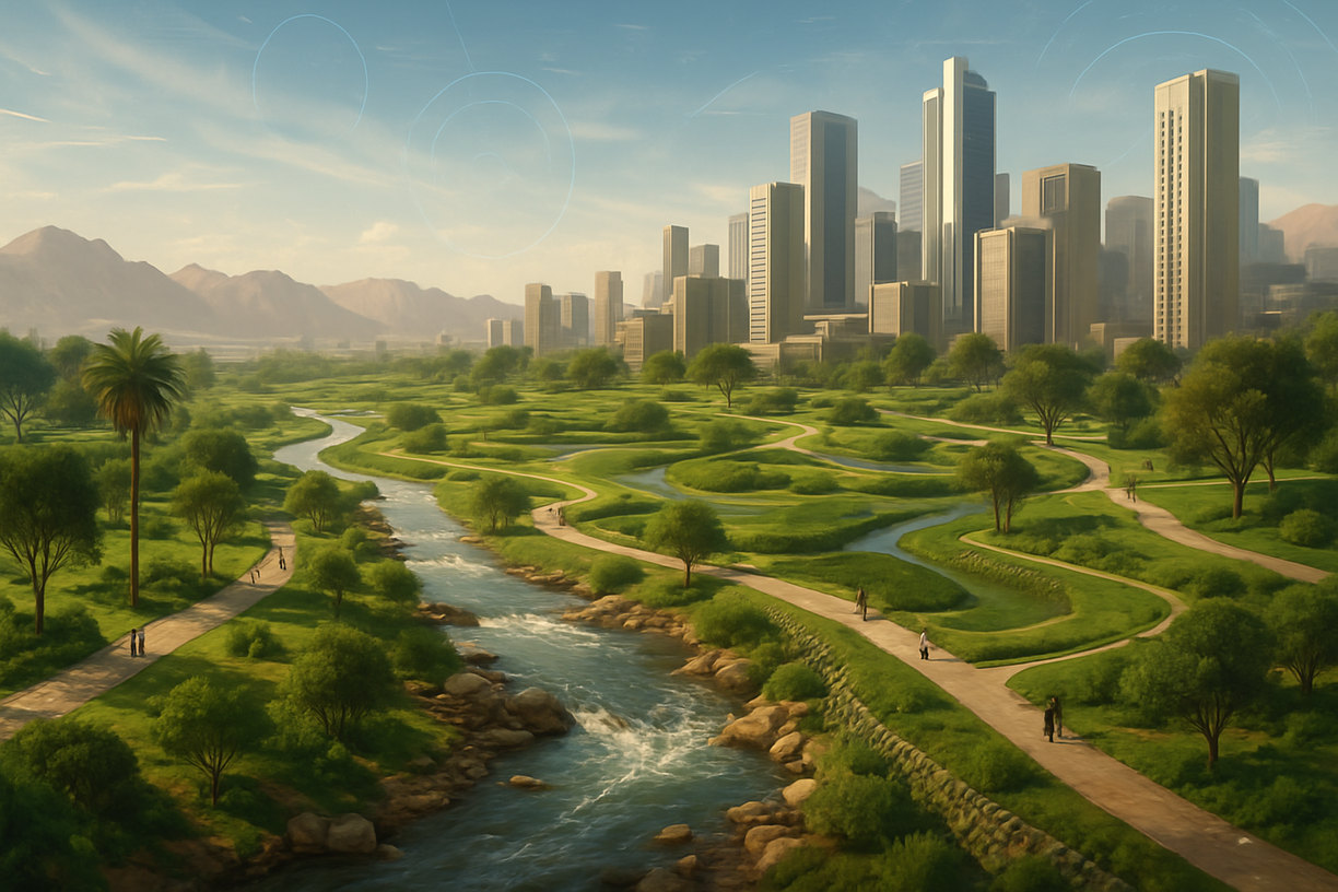A futuristic city in the Arabian Peninsula with a river flowing through green parks and modern buildings, symbolizing flood resilience and sustainable urban planning.