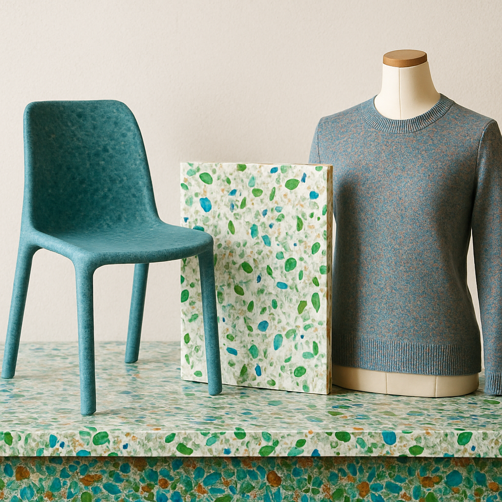Recycled Materials in Product Design, Recycled plastics: bottles turned into furniture

Recycled glass: used in countertops and tiles

Recycled textiles: old clothes transformed into new fabrics